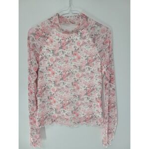 Fairy Coquette Floral Pink Women Top M Sheer Lettuce Hem Mock Neck Thumb Hole